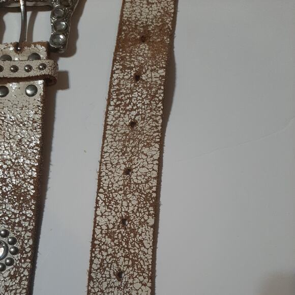 White Crackled Genuine Leather Womens Gem Studded Belt One Size - Picture 5 of 6